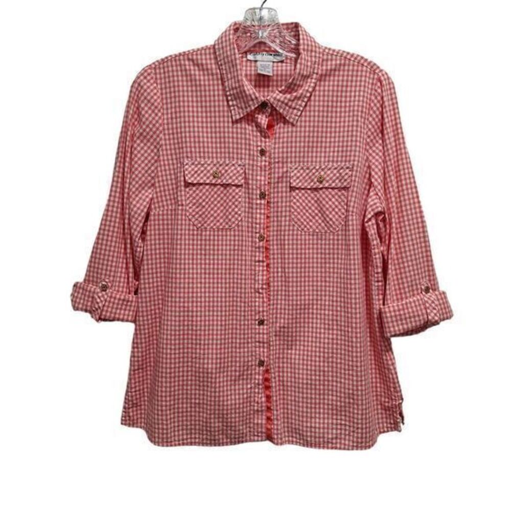 Cathy Daniels Women's‎ Cotton Shirt, Pink/White Plaid with Buttons, Size M